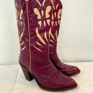 Vintage Magenta Purple Butterfly Inlay Cowboy Boot